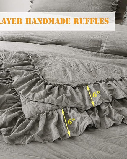 Gray Ruffled Comforter Set King,Farmhouse Shabby Boho Chic Bedding Comforter Lightweight Fluffy Aesthetic Vintage Rustic Bedding 3 Pieces (1 Ruffle Comforter and 2 Pillowcases) - LeafyLoom