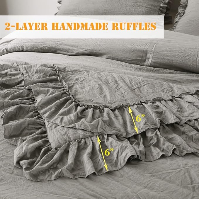 Gray Ruffled Comforter Set King,Farmhouse Shabby Boho Chic Bedding Comforter Lightweight Fluffy Aesthetic Vintage Rustic Bedding 3 Pieces (1 Ruffle Comforter and 2 Pillowcases) - LeafyLoom