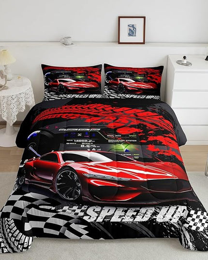 Feelyou Kids Boys Girls Red Race Car Comforter Set Queen Size, Sports Car Comforter Comforter Set for Teens Toddler Race Car Bedding Set Racing car Duvet Set Bed Set Room Decor Bedding Collection - LeafyLoom