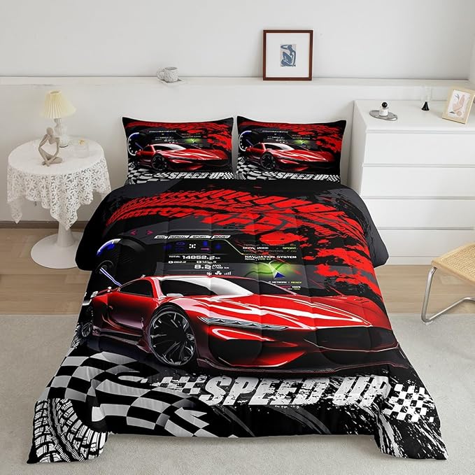 Feelyou Kids Boys Girls Red Race Car Comforter Set Queen Size, Sports Car Comforter Comforter Set for Teens Toddler Race Car Bedding Set Racing car Duvet Set Bed Set Room Decor Bedding Collection - LeafyLoom