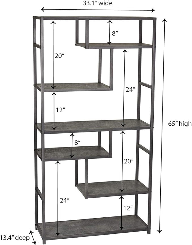 Household Essentials 8090-1 Tall Open Bookcase | Geometric Storage Shelves | Faux Slate Concrete - LeafyLoom