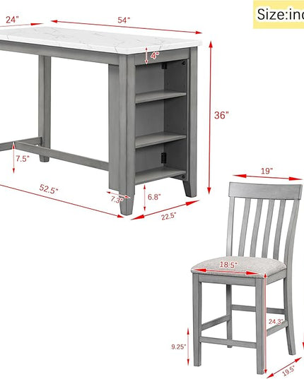3-Piece Wooden Counter Height Dining Table Set with Faux Marble Veneer and Built-in Storage Shelves, 2 Upholstered Chairs, for Kitchen, Breakfast Nook, Bar, Living Room, Gray - LeafyLoom