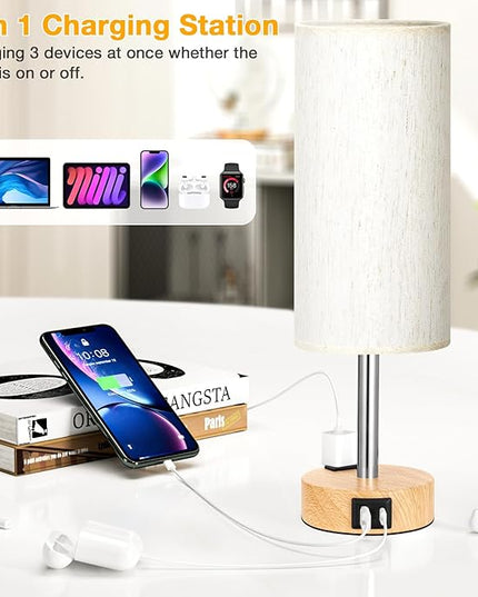 Touch Bedside Table Lamps Set - 3 Way Dimmable Bedroom Lamps Set of 2 with USB C and A Ports, Small Lamps for Nightstand with AC Outlet, Wood Base Round Flaxen Shade for Desk, Office, Dorm, Nursery - LeafyLoom