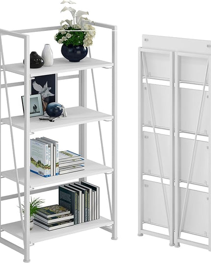 No-Assembly Folding Bookshelf Storage Shelves 4 Tiers Vintage Multifunctional Plant Flower Stand Storage Rack Shelves Bookcase for Home Office (All White) - LeafyLoom