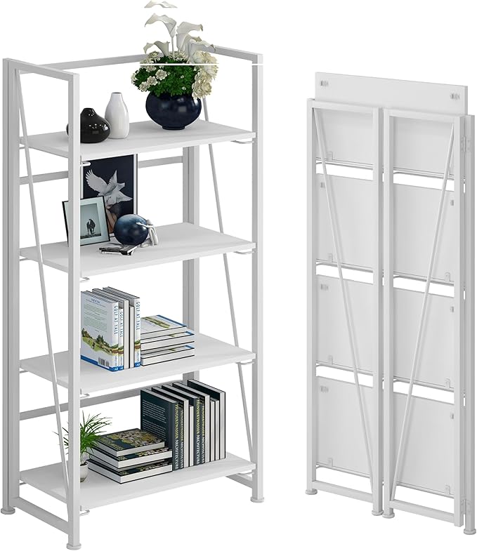 No-Assembly Folding Bookshelf Storage Shelves 4 Tiers Vintage Multifunctional Plant Flower Stand Storage Rack Shelves Bookcase for Home Office (All White) - LeafyLoom