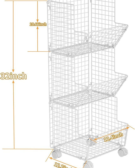 3 Tier Rolling Wire Toy Organizer Basket - with Wheel, S-Hooks, Toy Storage Cart Wall Bookshelf for Kids Room, Playroom, Bedroom (White, Standard) - LeafyLoom
