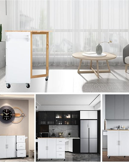 Mobile Kitchen Island with Extensible Rubber Wood Table Top,Adjustable Shelf Inside, Cabinets Cart w/ 3 Storage Drawers,Spice Towel-Rack,for Dining Room Bar,White, 53.93" L x 17" W x 36.22" H - LeafyLoom