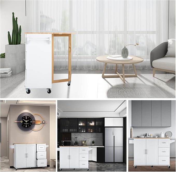 Mobile Kitchen Island with Extensible Rubber Wood Table Top,Adjustable Shelf Inside, Cabinets Cart w/ 3 Storage Drawers,Spice Towel-Rack,for Dining Room Bar,White, 53.93" L x 17" W x 36.22" H - LeafyLoom