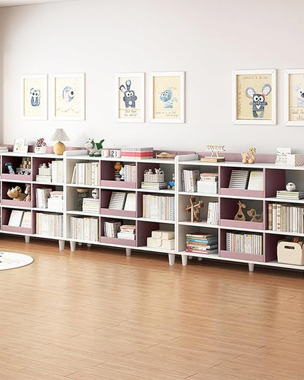Wooden Cube Bookcase with Legs - 3-Tier Open Shelf Kidsroom Cabinet Organizer Sorted Storage for Toys and Books, 9-Cube Lattice Cute Cubby Bookshelf, White Mixed Mocha Brown, 39" W - LeafyLoom