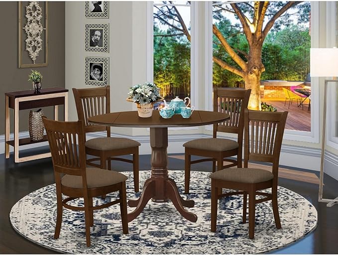 East West Furniture Dublin 5 Piece Set includes a Round Dining Room Table with Dropleaf and 4 Linen Fabric Upholstered Chairs, 42x42 Inch, DLVA5-ESP-C - LeafyLoom