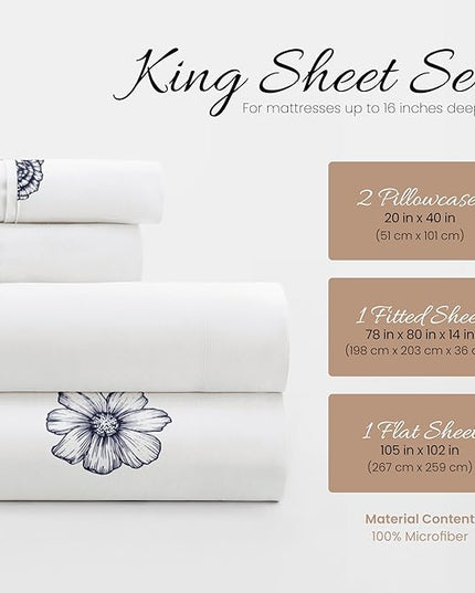 Linen Market 4 Piece King Bedding Sheet Set (Navy Blue Flowers) - Sleep Better Than Ever with These Ultra-Soft & Cooling Bed Sheets for Your King Size Bed - Deep Pocket Fits 16" Mattress - LeafyLoom