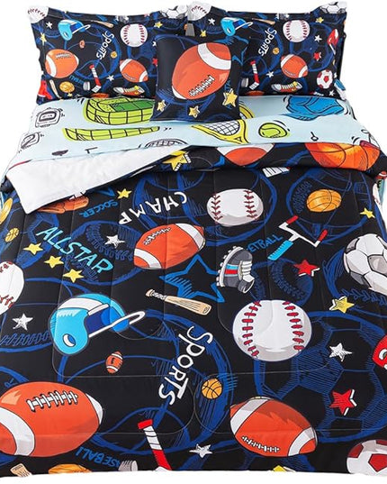 ADASMILE A & S Sports Comforter Set Twin for Boys Kids Bed in A Bag Comforter 6 Piece 3D Soccer Basketball Baseball Football Bedding Set for Kids Football Comforter with Sports Sheet Sets Home Decor - LeafyLoom