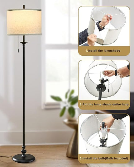 Luvkczc Modern 60" Tall Standing Lamp for Living Room with Classical Drum Shade &Pull Chain - Corner Reading Light for Bedroom, Office, Dining Room, Farmhouse Room Decor (Bulb Included) - LeafyLoom