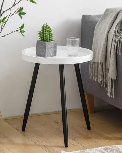 Round Side Table Wooden Tray Table with Metal Tripod Stand Nightstand Coffee Table End Table for Living Room Bedroom Office Small Spaces, 18" H x 15" D (White & Black) - LeafyLoom