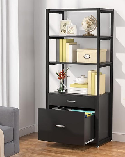 Tribesigns Bookcase Bookshelf, 4-Tier Modern File Cabinet with 2 Drawers, Lateral Filing Cabinet accommodate Legal/Letter / A4 Size for Home Office Organizer - LeafyLoom