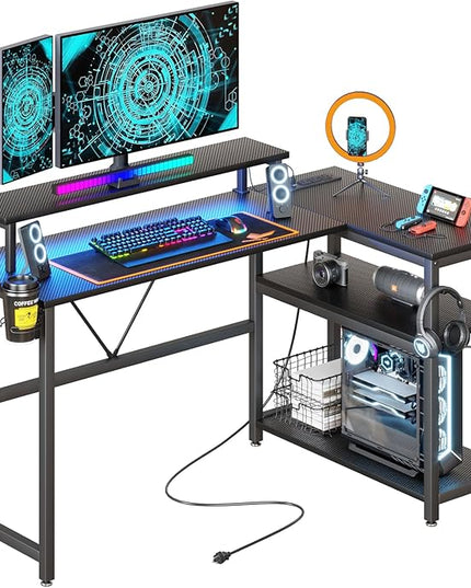 L Shaped Gaming Desk with Power Outlets & LED Strip Lights,Computer desk with Large Monitor Stand,Corner Desk with Storage Shelf,Headphone Hook&Cup Holder for Home Office - LeafyLoom