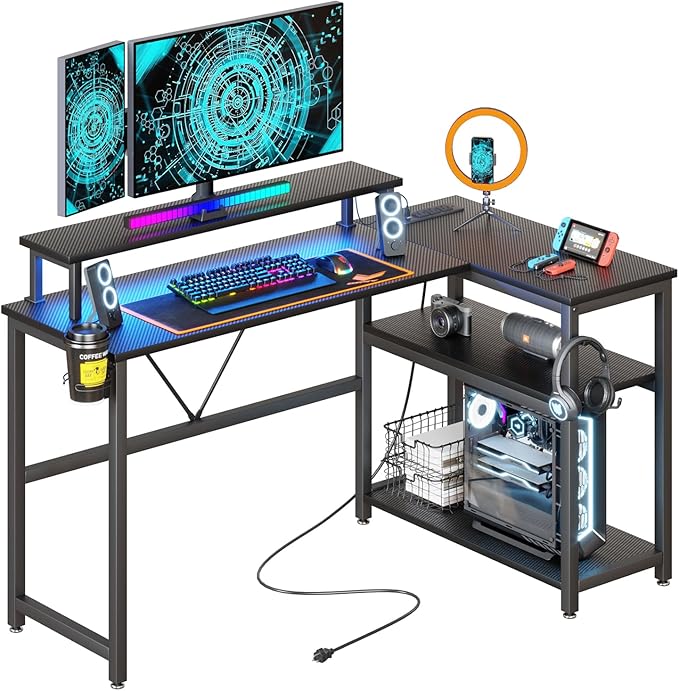 L Shaped Gaming Desk with Power Outlets & LED Strip Lights,Computer desk with Large Monitor Stand,Corner Desk with Storage Shelf,Headphone Hook&Cup Holder for Home Office - LeafyLoom