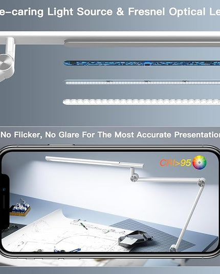 LED Desk Lamp, Desk Light for Home Office, Dual Light Source 18W Brightest, Eye-Caring Optical Lens, Office Lamp, 5 Color Modes & Brightness, Aluminum Alloy Drafting Light, Clamp Lamp, White - LeafyLoom