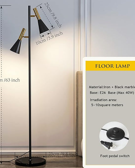 Modern Floor Lamp with 2 Adjustable Head Tall Pole Uplight for Living Room, Bedroom, Office,Gold and Black Corner Light for Reading,E26 Bulbs(Not Included) - LeafyLoom