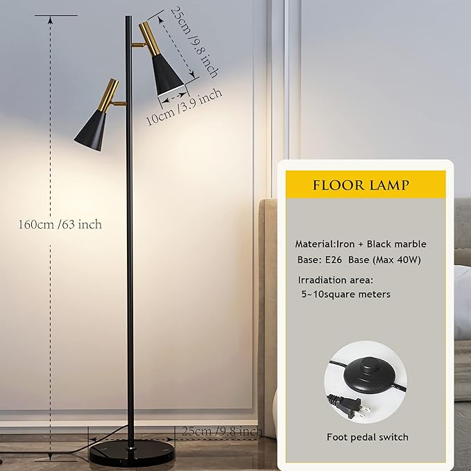 Modern Floor Lamp with 2 Adjustable Head Tall Pole Uplight for Living Room, Bedroom, Office,Gold and Black Corner Light for Reading,E26 Bulbs(Not Included) - LeafyLoom