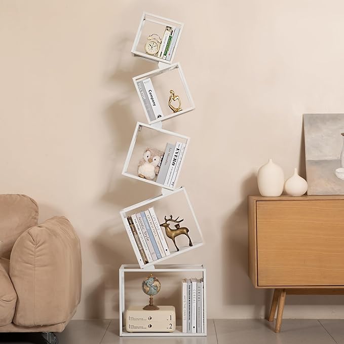 Bookshelf, 5-Tier Bookcase White, 67" Tall White Bookshelf, 5 Tier Bookshelf, Industrial Bookshelf, Modern Book Storage, Storage Shelves for CDs/Books/Home Decor, Display Shelf - LeafyLoom