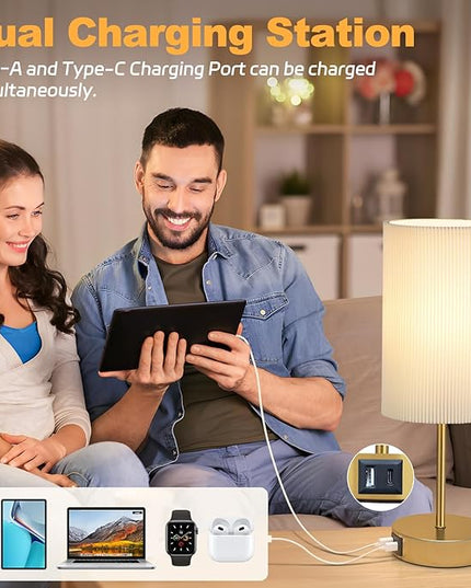 AKASUKI Table Lamp for Bedroom, 3 Way Dimmable Touch Lamp with Dual Charging Station, Small Bedside Lamps for Night Stands, Living Room, Office(LED Bulb Included) - LeafyLoom
