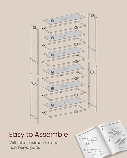VASAGLE Bookcase, 6-Tier Bookshelf, Slim Shelving Unit for Bedroom, Bathroom, Home Office, Tempered Glass, Steel Frame, Metallic Gold ULGT503A01 - LeafyLoom