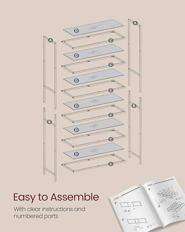 VASAGLE Bookcase, 6-Tier Bookshelf, Slim Shelving Unit for Bedroom, Bathroom, Home Office, Tempered Glass, Steel Frame, Metallic Gold ULGT503A01 - LeafyLoom