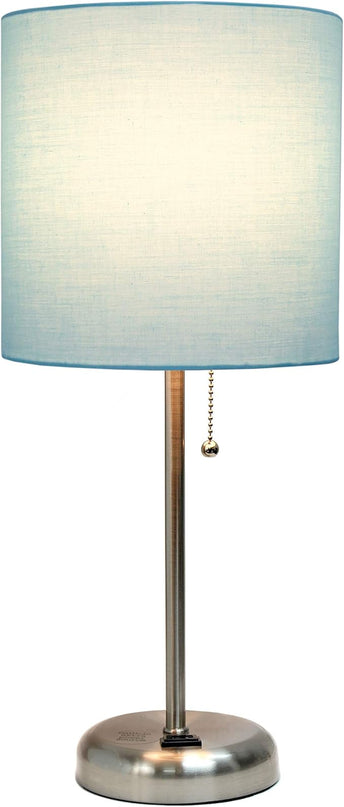 Simple Designs LT1144-AQU Sleek and Slender Brushed Steel Table Lamp with Charging Outlet, for Bedroom, Living Room, Entryway, Office, Dining Room, Study, Aqua Shade - LeafyLoom