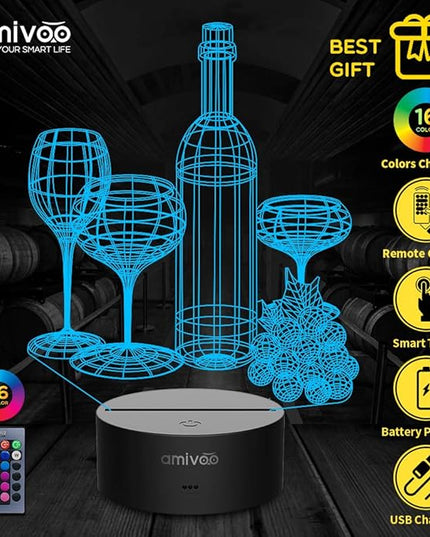 Wine Cup Wine Bottle 3D Night Light 16 Color Changing with Remote 3D Optical Illusion Lamp Birthday Christmas Gifts for Wife Husband Men Adults Home Wine Bar Christmas Decoration - LeafyLoom