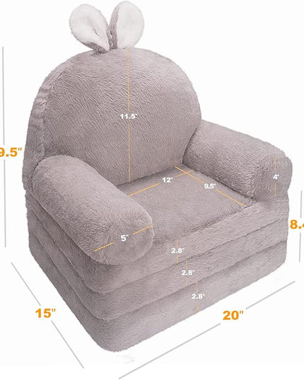 Kids Couch Fold Out Soft Toddler Chairs,Toddler Armrest Chair Bed for Play,Gift for 0-3 Years,Grey Bunny - LeafyLoom