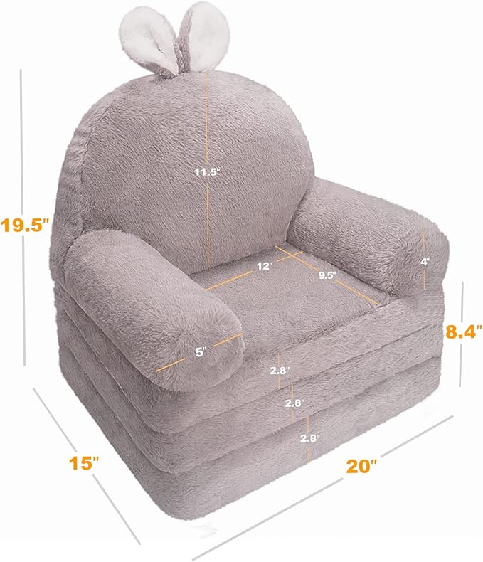 Kids Couch Fold Out Soft Toddler Chairs,Toddler Armrest Chair Bed for Play,Gift for 0-3 Years,Grey Bunny - LeafyLoom