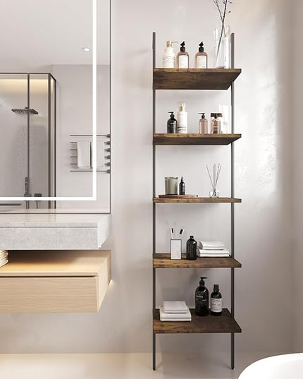Ladder Shelf 5 Tiers Metal Industrial Bookshelf,Rustic Brown Wood Tall Open Storage Rack and Display Shelves,Wall Mount Wide Book Case for Home Office Bedroom,Small - LeafyLoom