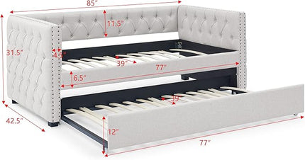 Upholstered Twin Size Daybed with Trundle,Solid Wooden Sofa Bed Frame W/Button Tufted & Copper Nail on Square Arms,No Spring Box Need,Bedframe for Living Room Bedroom Dorm,Beige Linen - LeafyLoom