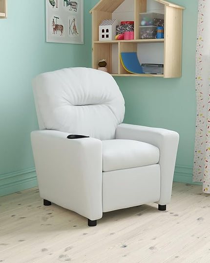 Flash Furniture Chandler Vinyl Kids Recliner with Cup Holder and Safety Recline, Contemporary Reclining Chair for Kids, Supports up to 90 lbs., White - LeafyLoom