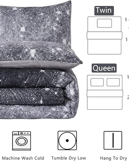 Grey Glitter Comforter Set Twin Size for Boys Teen, Sparkle Galaxy Twinkle Starlight Comforter for Kids Adult, 2 Piece Black Grey Ombre Bedding Set with 1 Pillow Case(Grey,Twin) - LeafyLoom