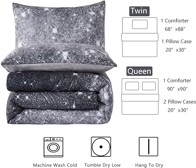 Grey Glitter Comforter Set Full/Queen Size for Boys Teen, Sparkle Galaxy Twinkle Starlight Comforter for Kids Adult, 3 Piece Black Grey Ombre Bedding Set with 2 Pillow Cases(Grey,Queen) - LeafyLoom
