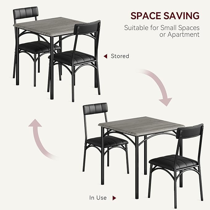IDEALHOUSE Dining Table Set, Kitchen Table and Chairs for 2, Metal and Wood Square Dining Room Table Set with 2 Upholstered Chairs, 3 Piece Dining Table Set for Small Space, Apartment, Rustic Grey - LeafyLoom