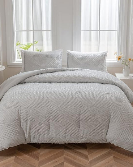 King Size Comforter Set Light Grey, Shabby Chic Tufted Design Boho Bedding Comforter Sets 3 Pieces (1 Comforter, 2 Pillowcases) - LeafyLoom