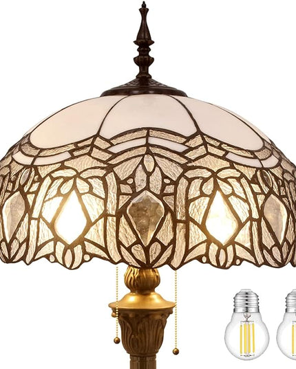 WERFACTORY Tiffany Floor Lamp Crystal Bead White Stained Glass Standing Reading Light 16X16X64 Inches Antique Pole Corner Lamp Decor Bedroom Living Room Home Office S508W Series - LeafyLoom