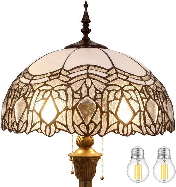 WERFACTORY Tiffany Floor Lamp Crystal Bead White Stained Glass Standing Reading Light 16X16X64 Inches Antique Pole Corner Lamp Decor Bedroom Living Room Home Office S508W Series - LeafyLoom