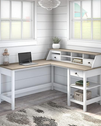 Bush Business Furniture Mayfield L Shaped Computer Desk Desktop Organizer | Storage for Home Office Workspace, 60W, Shiplap Gray/Pure White - LeafyLoom