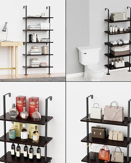 Ladder Shelf Bookcase 5 Tier, Extra Sturdy Modern Bookshelf Wall Mounted, Tall Black Open Book Shelf, Standing Industrial Metal Frame with Wooden Shelves - LeafyLoom
