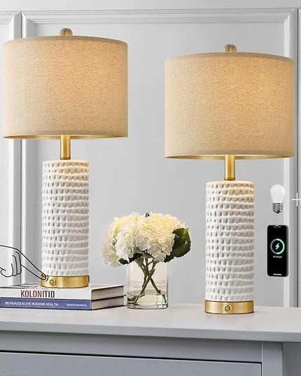 PORTRES 24" Farmhouse 3-Way Dimmable Touch Ceramic Table Lamp Set of 2 for Bedroom White Bedside Lamps with USB A+C Charging Ports for Living room Nightstand Lamp End Table lamps - LeafyLoom