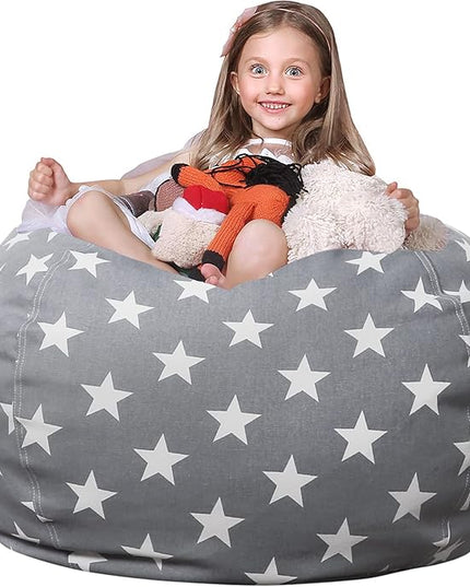 Wekapo Stuffed Animal Storage Bean Bag Chair Cover for Kids | Stuffable Zipper Beanbag for Organizing Children Plush Toys Large Premium Cotton Canvas (Grey Star, XX-Large) - LeafyLoom