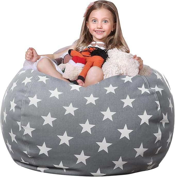 Wekapo Stuffed Animal Storage Bean Bag Chair Cover for Kids | Stuffable Zipper Beanbag for Organizing Children Plush Toys Large Premium Cotton Canvas (Grey Star, XX-Large) - LeafyLoom