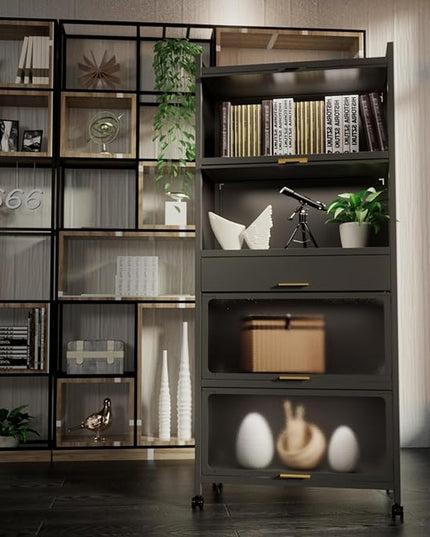 Kitchen Pantry Cabinet, 5 Tiers Freestanding Buffet Cupboards Sideboard with Brakeable Casters, Kitchen Pantry Storage Cabinet for Kitchen, Living Room and Dinning Room - LeafyLoom