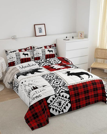 Deer Antlers Bear Kids Comforter Set Full Size,Plaids Aztec Arrows Patchwork Bedding Set for Boys Girls Adults Room Decor,Rustic Adventure Xmas Down Comforter,Red Retro Duvet Insert,2 Pillowcases - LeafyLoom