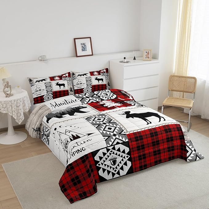 Deer Antlers Bear Kids Comforter Set Queen Size,Plaids Aztec Arrows Patchwork Bedding Set for Boys Girls Adults Room Decor,Rustic Adventure Xmas Down Comforter,Red Retro Duvet Insert,2 Pillowcases - LeafyLoom