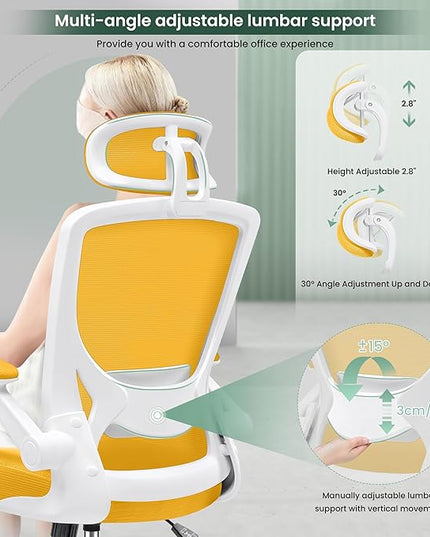 KERDOM Ergonomic Office Chair, Breathable Mesh Desk Chair, Lumbar Support Computer Chair with Headrest and Flip-up Arms, Swivel Task Chair, Adjustable Height Gaming Chair, Yellow - LeafyLoom
